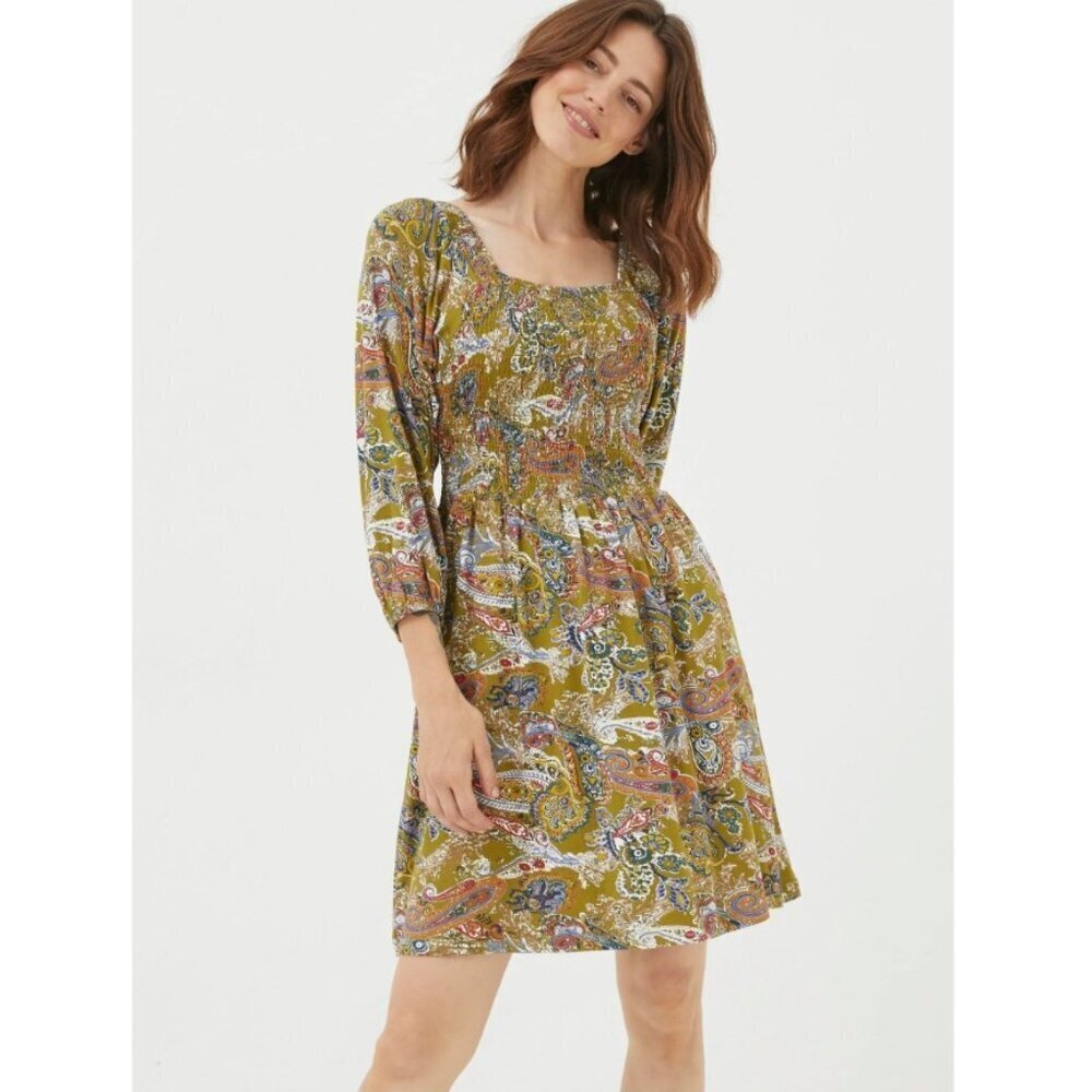 FATFACE SZ 10R  Adeline Green Paisley Stretch Jersey Dress Smocked & Gathered